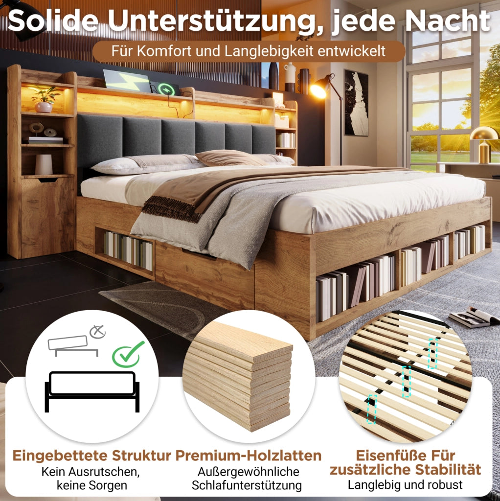 Letto matrimoniale 180x200 cm con LED; USB e USB-C; cassetti e comodini mobili; rovere