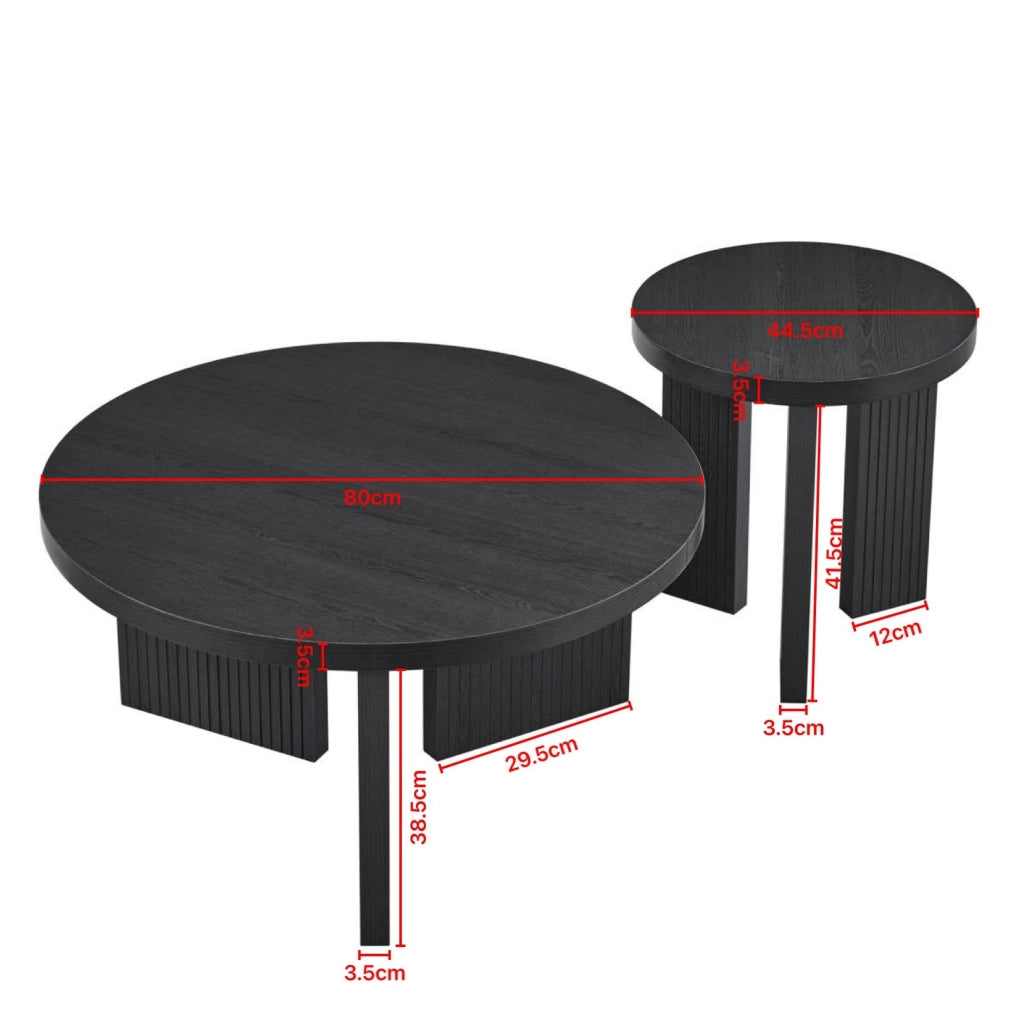 Set di 2 tavolini da caffè in MDF nero con gambe a scanalature verticali