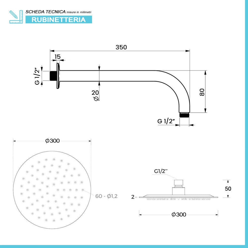 Set doccia completo ad incasso con braccio 35cm soffione 30cm e kit doccino in acciaio inox satinato York