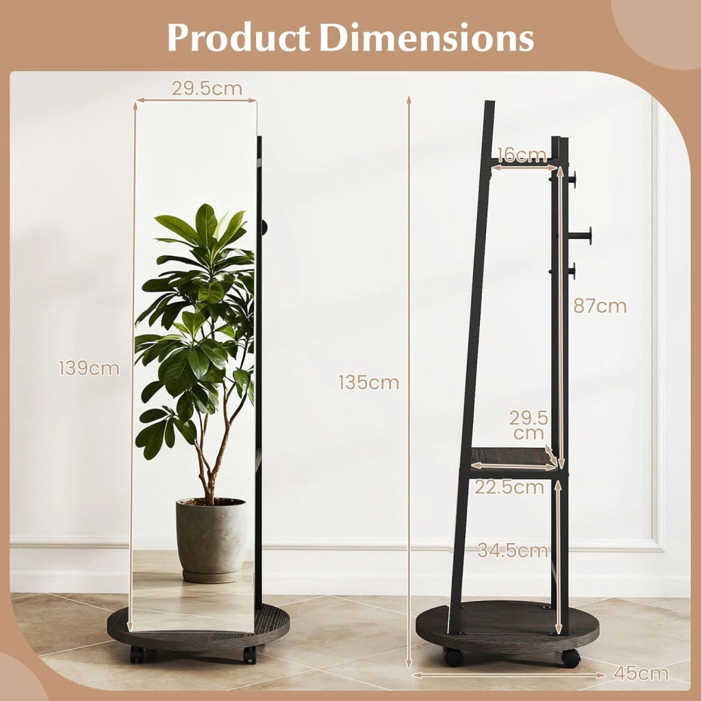 Specchio a figura intera, specchio da terra con appendiabiti, 45 x 135 cm, grande specchio con vetro infrangibile, ganci, ripiani, ruote, per ingresso, soggiorno, camera da letto (nero+noce)