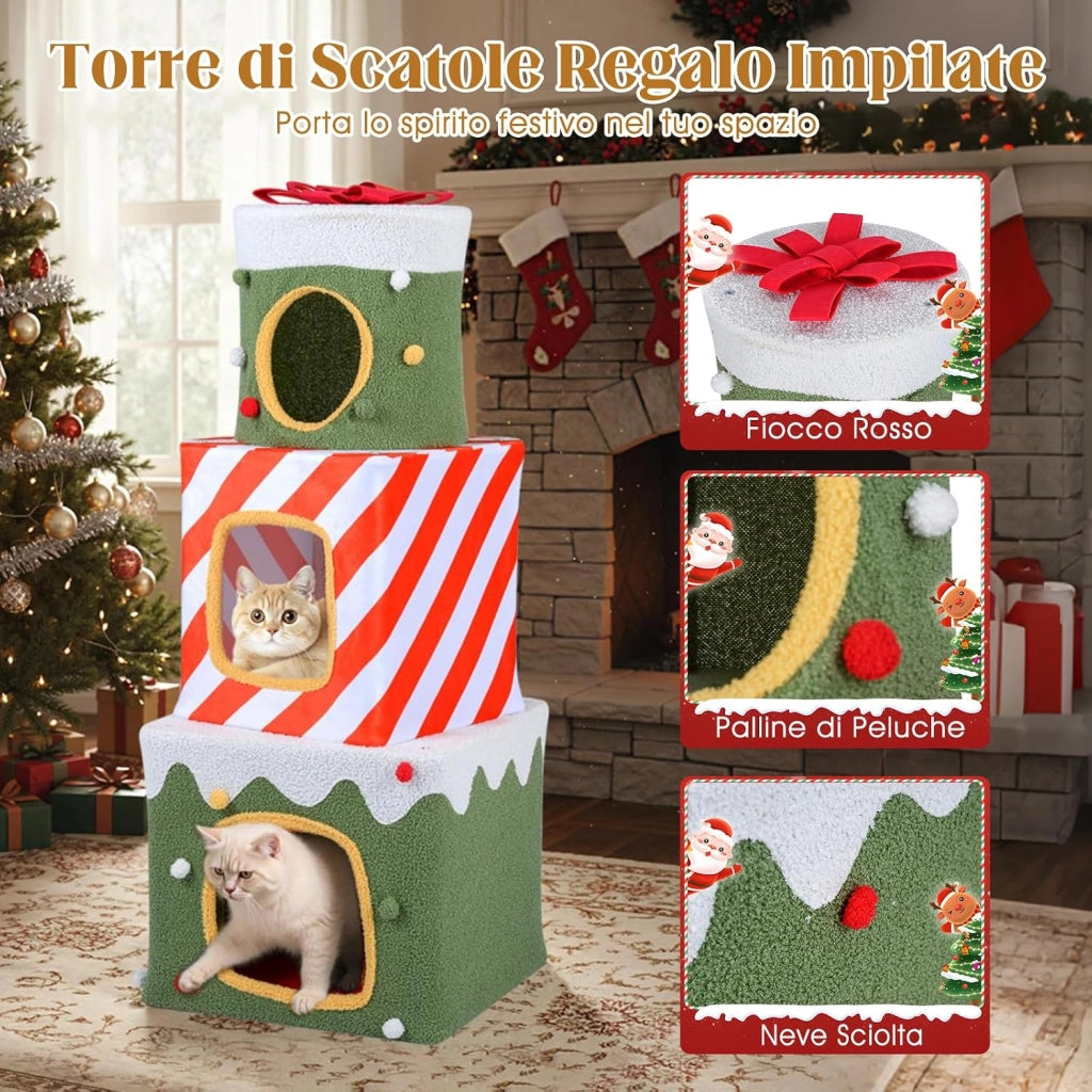 Albero di Natale per Gatti da Interno, Tiragraffi per Gatti con 3 Condo, Caverne Nascoste e Pallina Appesa, Grande Torre Impilabile a Forma di Scatola Regalo per Decorazioni Natali