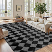 Tappeto a pelo alto, morbido, a rete, 140 x 200 cm, tappeto in pelo di coniglio, shaggy, a pelo alto, per camera da letto, soggiorno, tappeto, coperta da letto, antiscivolo, design moderno, nero-grigio