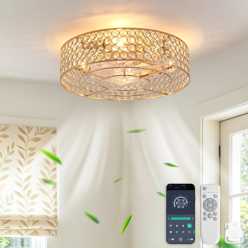 Ventilatore da soffitto con lampada a cristalli dorati 19 pollici; metallo e vetro; controllo Bluetooth e telecomando