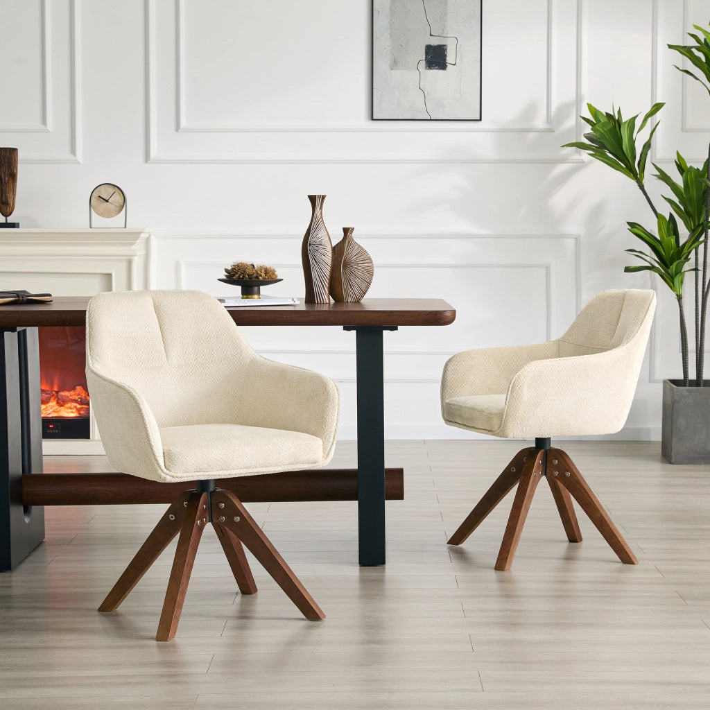 Sedia da sala da pranzo girevole 360° set da 2 con braccioli e schienale ergonomico in tessuto bianco e legno noce