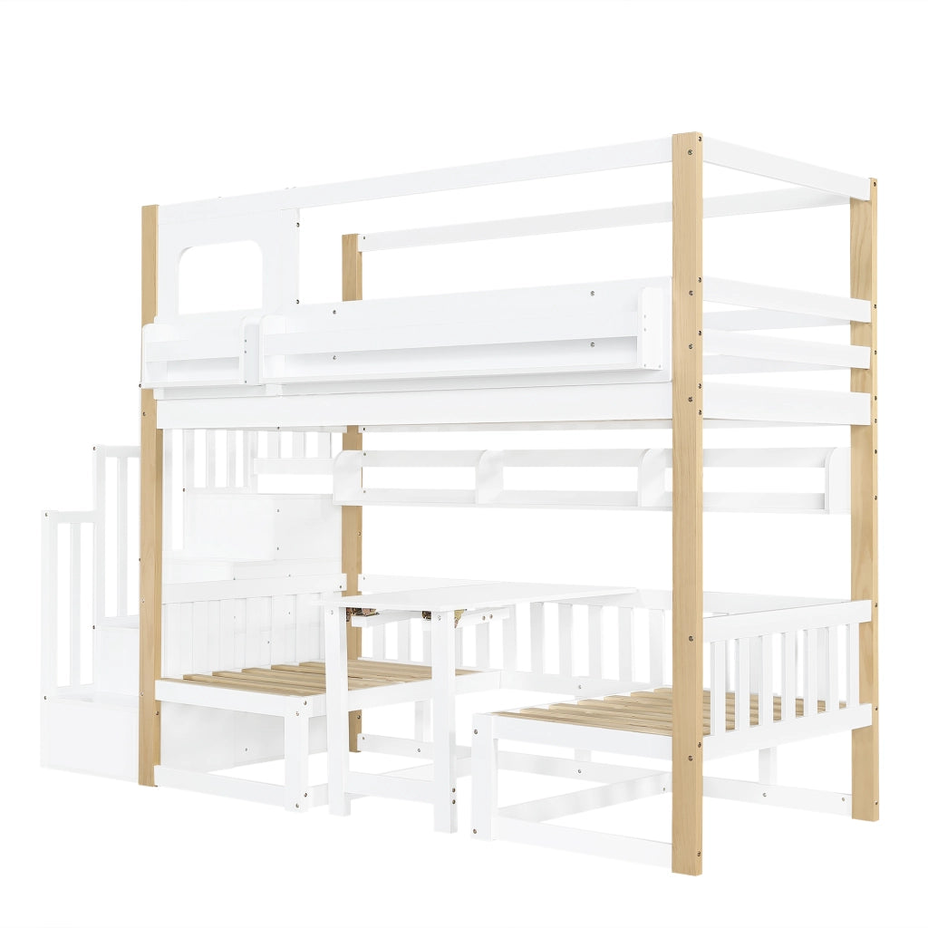 Letto a Castello 90x200 cm - Tavolo Pieghevole Regolabile; Scala Contenitore e Libreria
