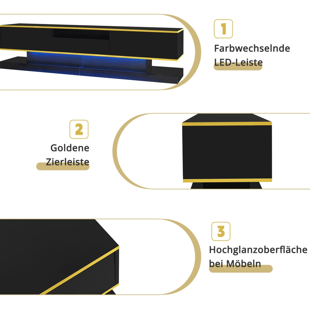 Mobile TV moderno da 180 cm con 3 cassetti; finitura lucida; LED multicolore; nero e oro