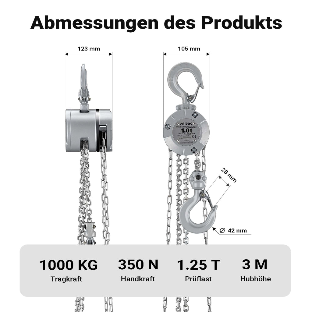 Paranco a catena manuale VXI-D in alluminio, capacità di carico 1 t, altezza di sollevamento 3 m, catena di carico G100, leggero e compatto, per impieghi gravosi