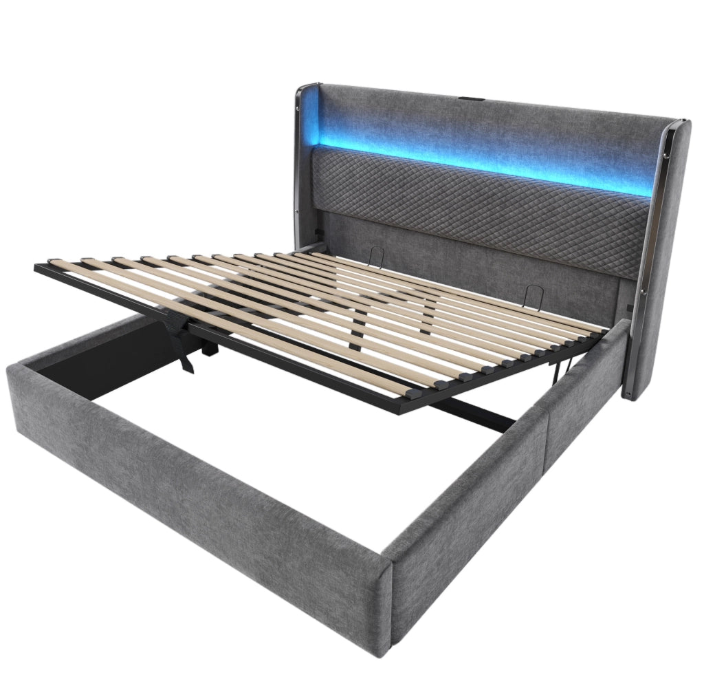 Letto contenitore idraulico con testiera alta; 140x200 cm; in lino grigio; con materasso