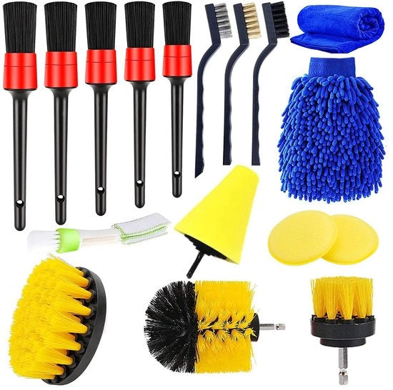 Set di spazzole per autodetailing 17 pezzi, set di spazzole per autodetailing con spazzola a viti e spazzole per autodetailing, kit di pulizia per autovetture per uso interno ed esterno, set per ruote