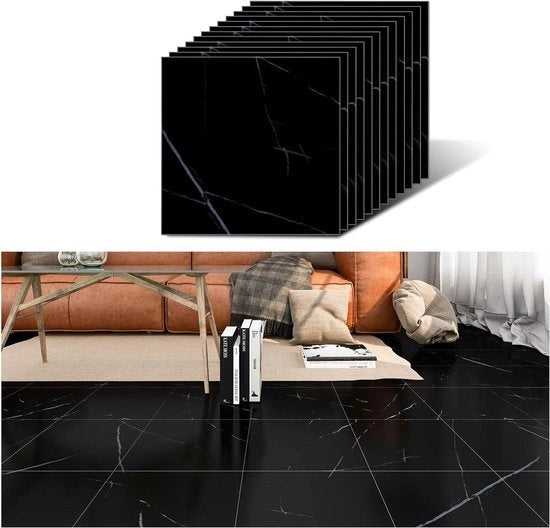 Tegeli di pavimento autoadesivi in stile marmo nero, dimensioni 30 cm x 30 cm, set di 12 pezzi
