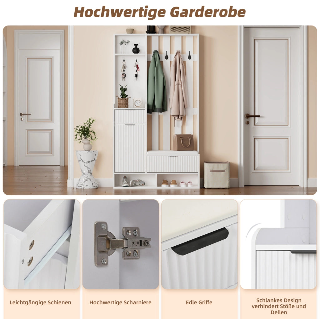 Guardaroba da ingresso 6 in 1 con panca e contenitore, bianco