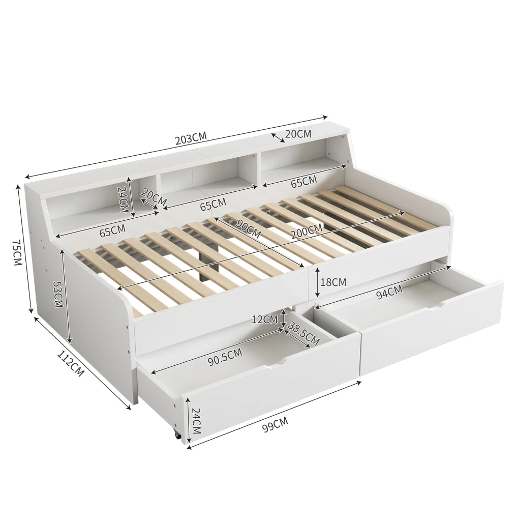 Letto da giorno 90x200 cm con 2 cassetti e vani contenitore; pino e MDF; bianco