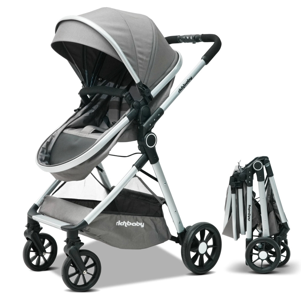 Passeggino 2 in 1 0-36 mesi grigio – schienale regolabile e chiusura compatta
