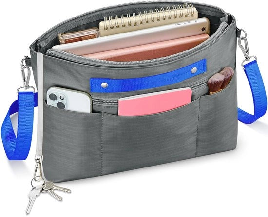 Organizzatore di borsa, Tasca impermeabile in nylon, Grande spazio interno per borse, Organizzatore di borsa con cinturino rimovibile (Grigio, S)
