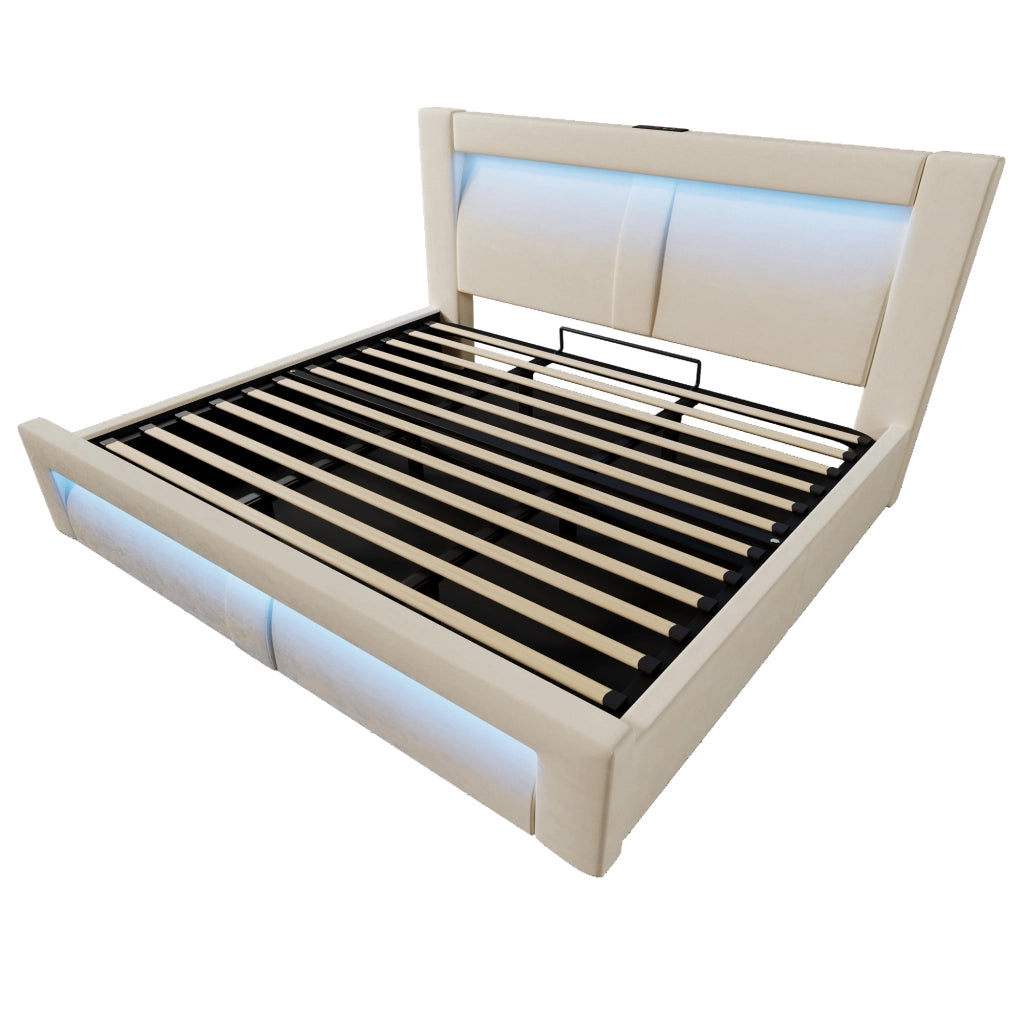 Letto Contenitore 180x200 cm - LED; USB; Type-C e Testiera Curva - Velluto - Beige