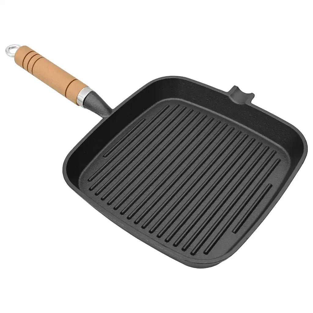 Padella Tegame Griglia in Ghisa con Manico in Legno 20x20 cm