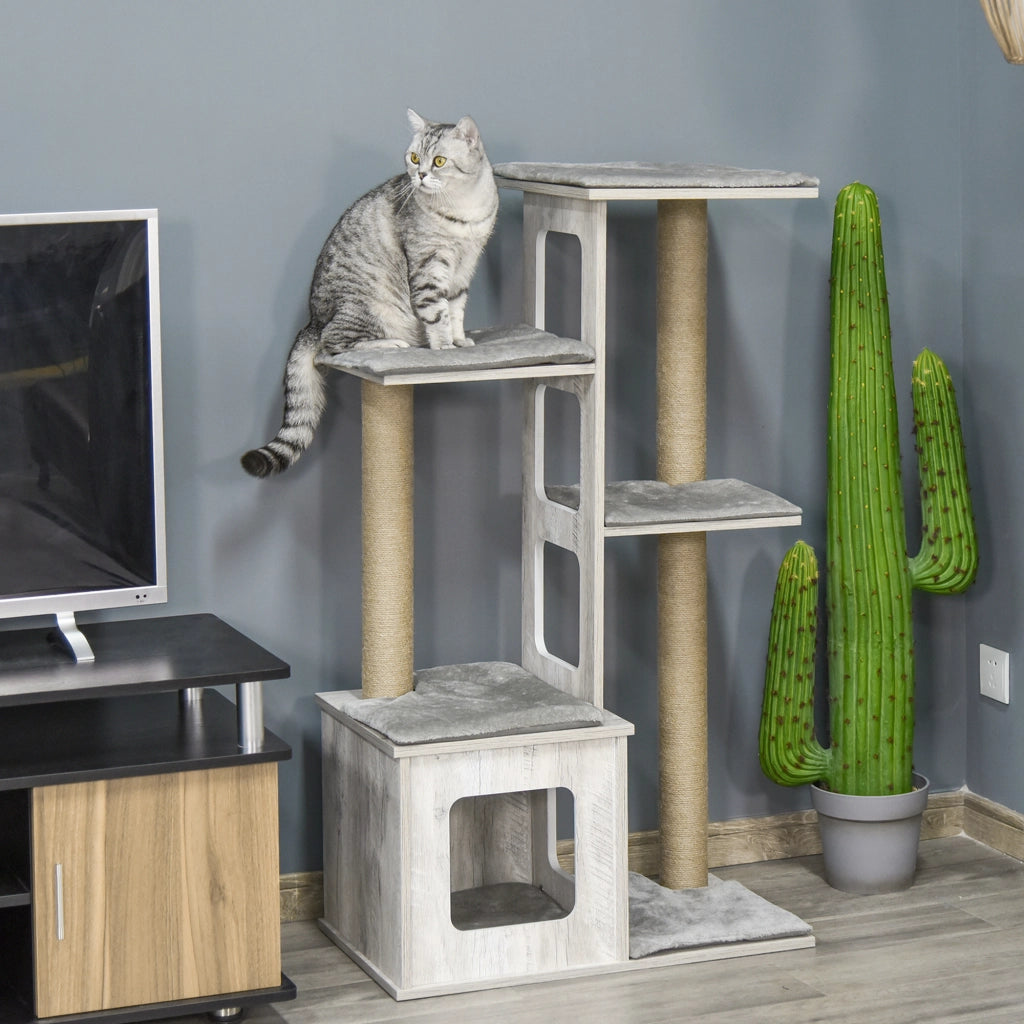 Albero tiragraffi per gatti con piattaforme e tana ¨C zephmum ¨C grigio 67x38,5x114 cm