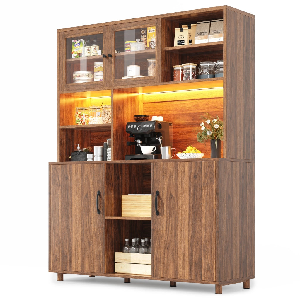OKWISH Credenza Alta con 2 Ante Scorrevoli e 3 Ripiani Regolabili, LED e USB, per Cucina, MDF, Noce, 140×40×185 cm