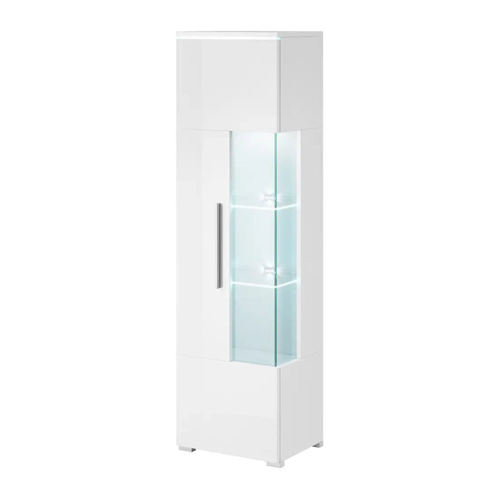 Vetrina alta design con illuminazione LED multicolore collezione BOMBAY. Colore bianco lucido. Apertura a sinistra.
