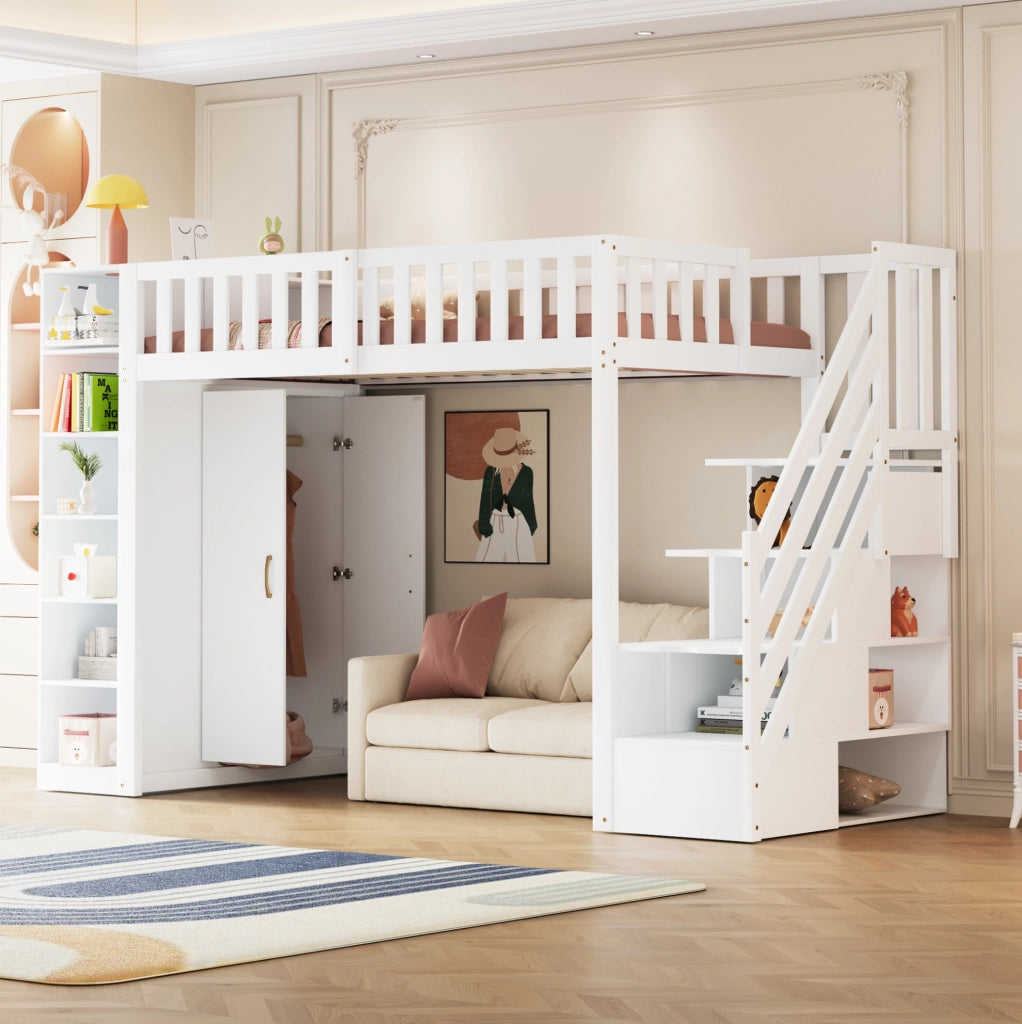 Letto a soppalco 90x200 cm con armadio, scaffali e scala contenitore