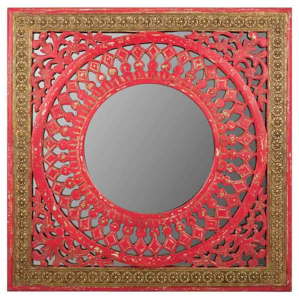 Specchio in legno rosso fatto a mano 60,5x1,5x60,5 cm
