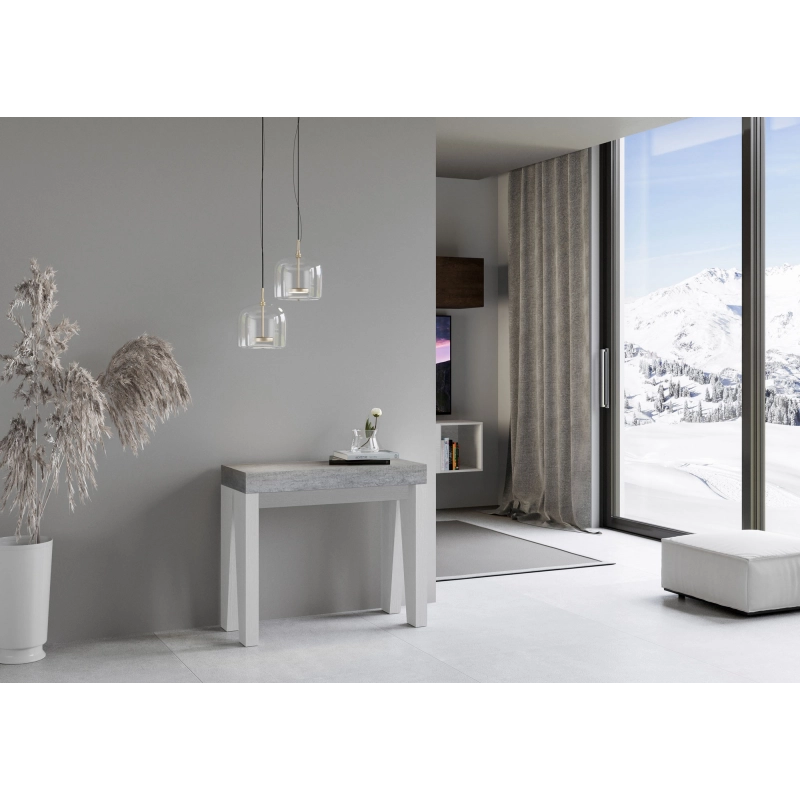 Consolle allungabile 90x40/196 cm Naxy Mix Small piano Bianco Frassino - Cemento/Bianco Frassino