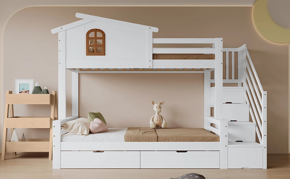 DESMIU Litto a castello 90 × 200 cm 2 posti con 2 cassetti, scala ad angolo e finestre, senza materasso