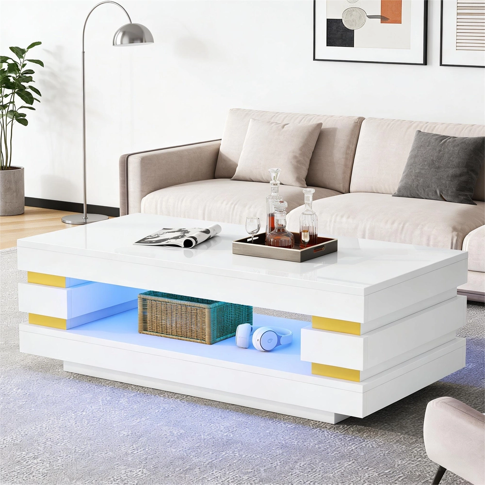 Tavolino da Caff¨¨ con Vano Contenitore e Luci LED ¨C MINIMAL ¨C Bianco, Truciolato, 100x50x35