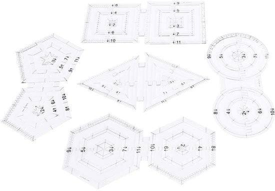 Set di Naaigereedschappen Patchwork a 5 Pezzi - Strumenti Multifunzionali per la Sartoria - Doppia Forma a Triangolo/Diamante/Essagono/Cerchio - Acrilico - 20,5/22 cm Lunghezza - Linea da Quilting