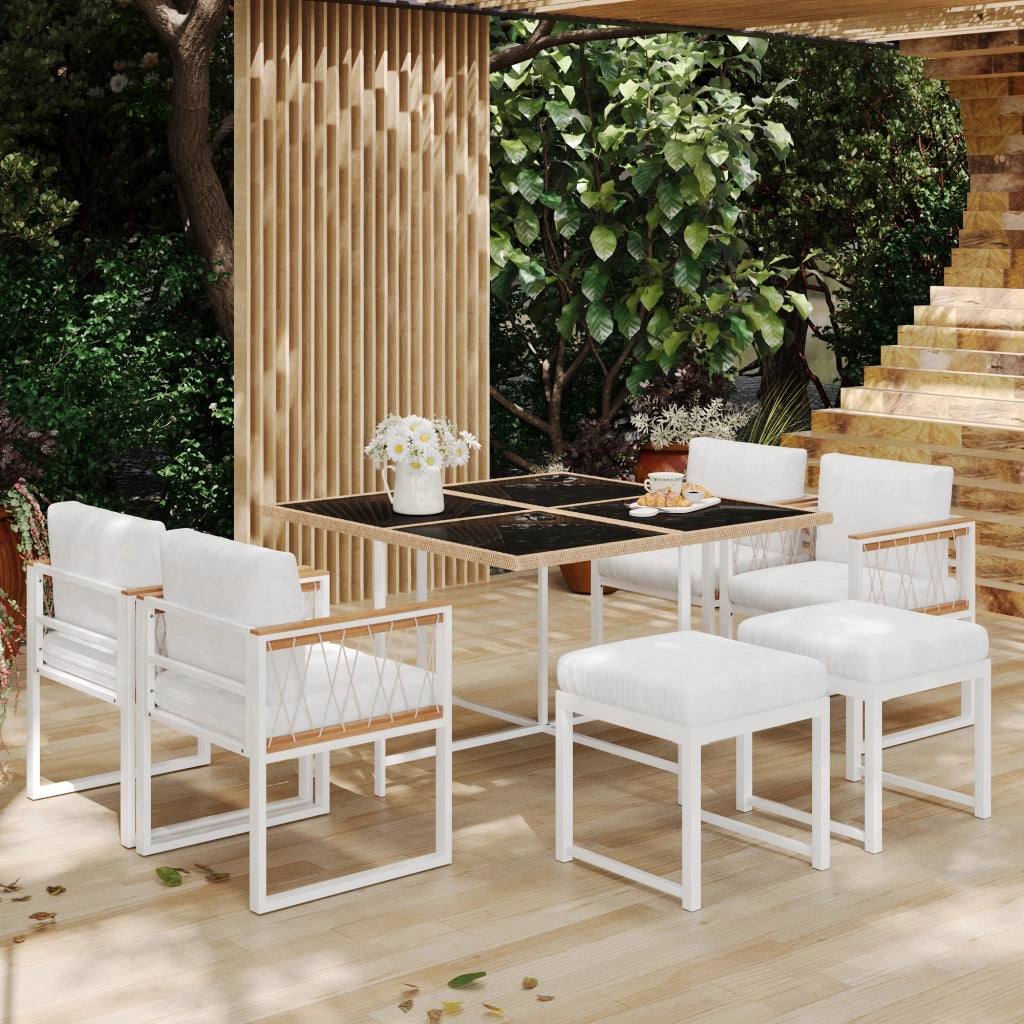 Set Giardino 7 Pezzi per 6 Posti ¨C Xylo ¨C Tavolo Vetro Temperato, Polyrattan, WPC
