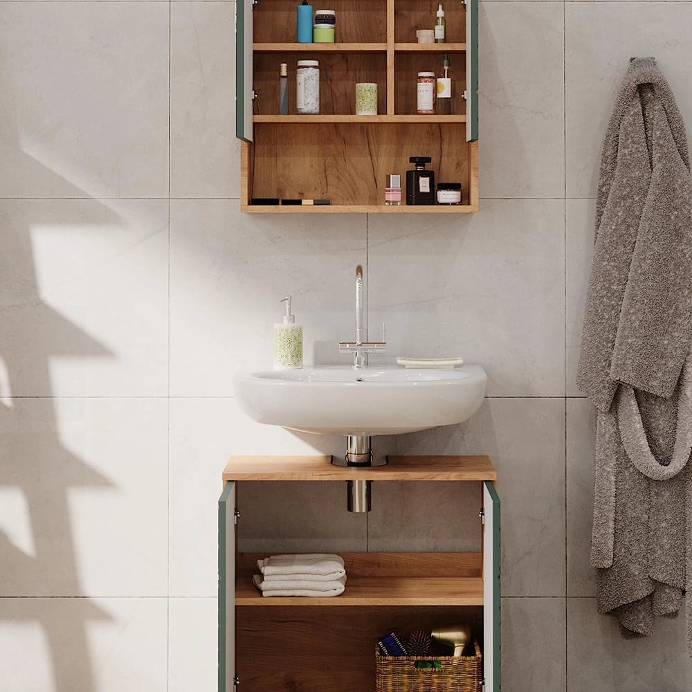 Set mobili bagno Irma, Quercia verde/oro, 2 parti, base 60 cm, composto da specchio da bagno e mobile sottolavabo