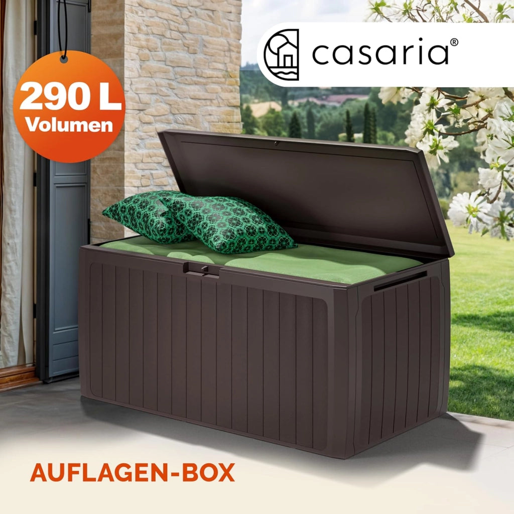 ® Baule da Giardino 117x47x60cm Aspetto Legno 290L Box Multiuso Multibox Cuscini 6 Ruote Coperchio Esterno