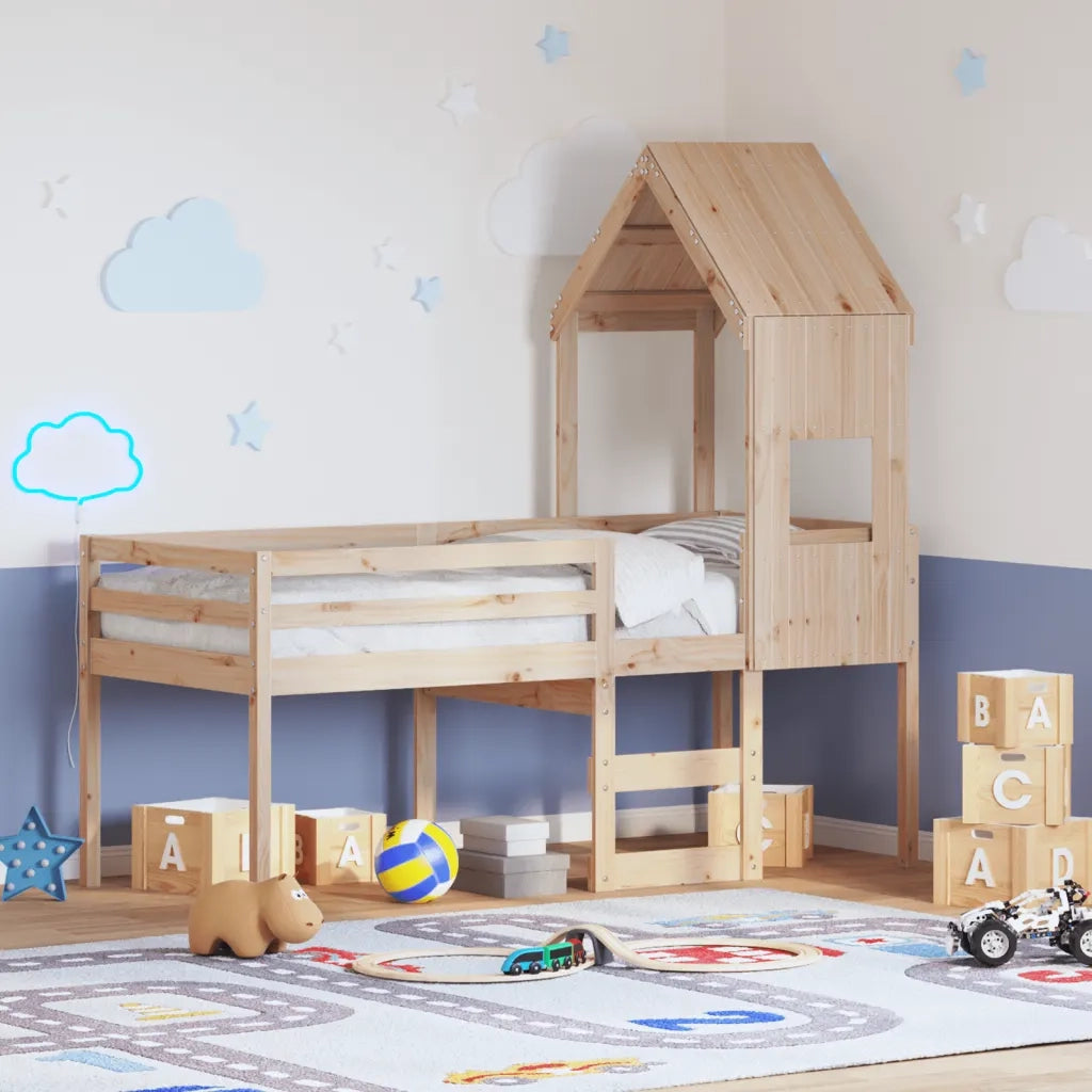 Letto singolo | Letto per adulti | Letto a Soppalco con Tetto 90x190 cm Legno Massello di Pino