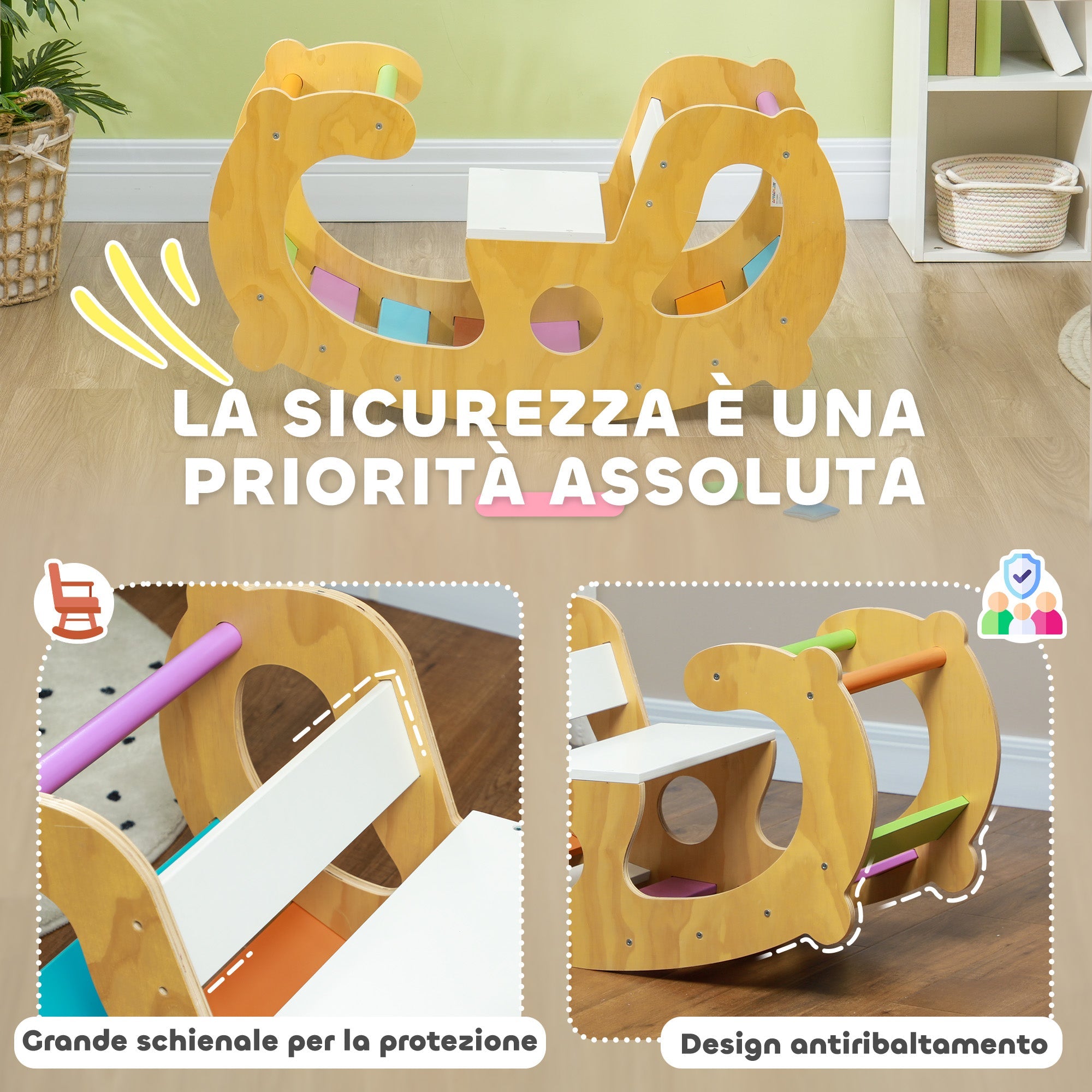 Gioco per Bambini 2 in 1 Arco Montessoriano Sedia a Dondolo 91x41x48 cm in Legno di Pino