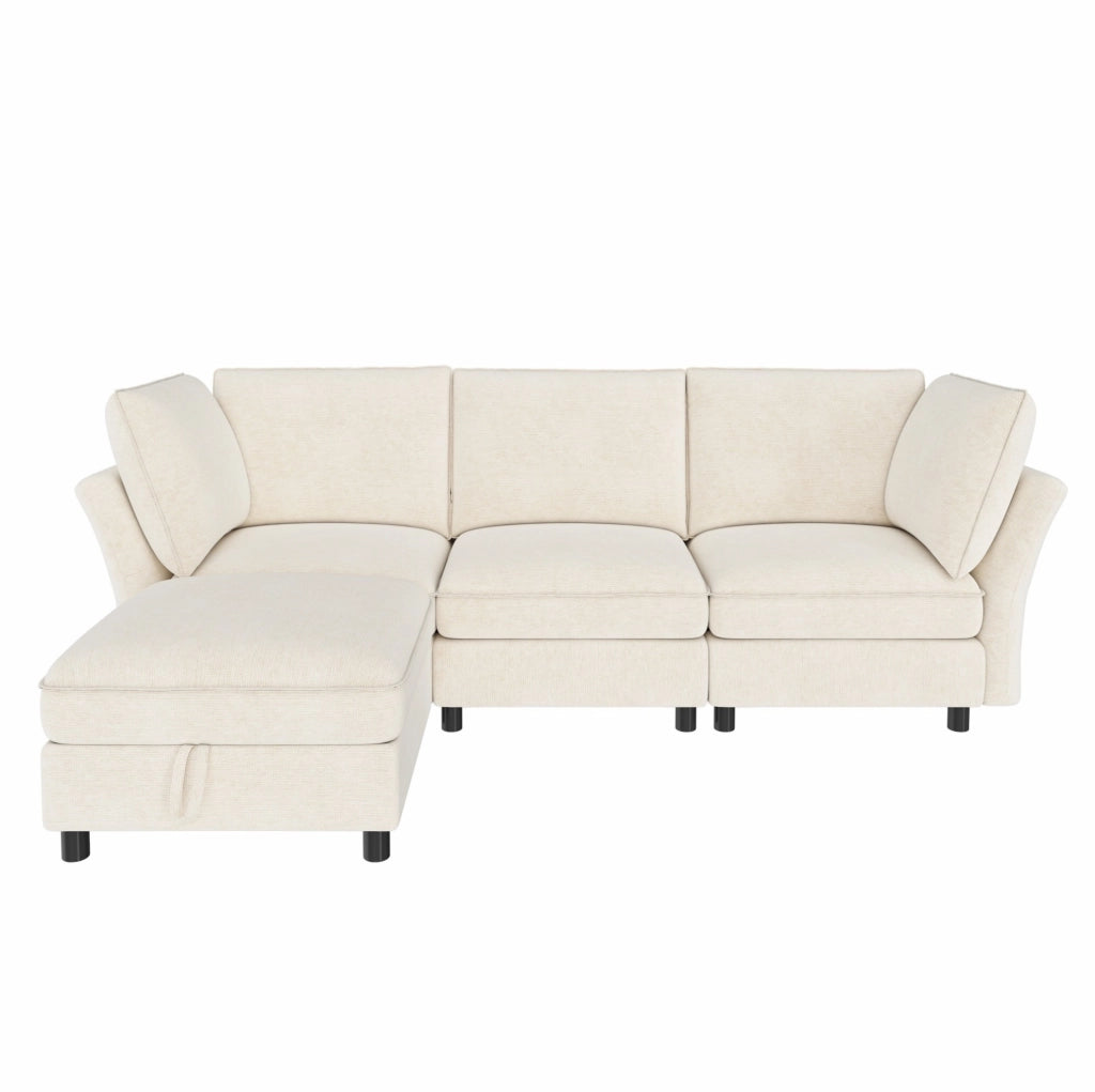 Divano angolare modulare 4 posti in ciniglia beige con pouf