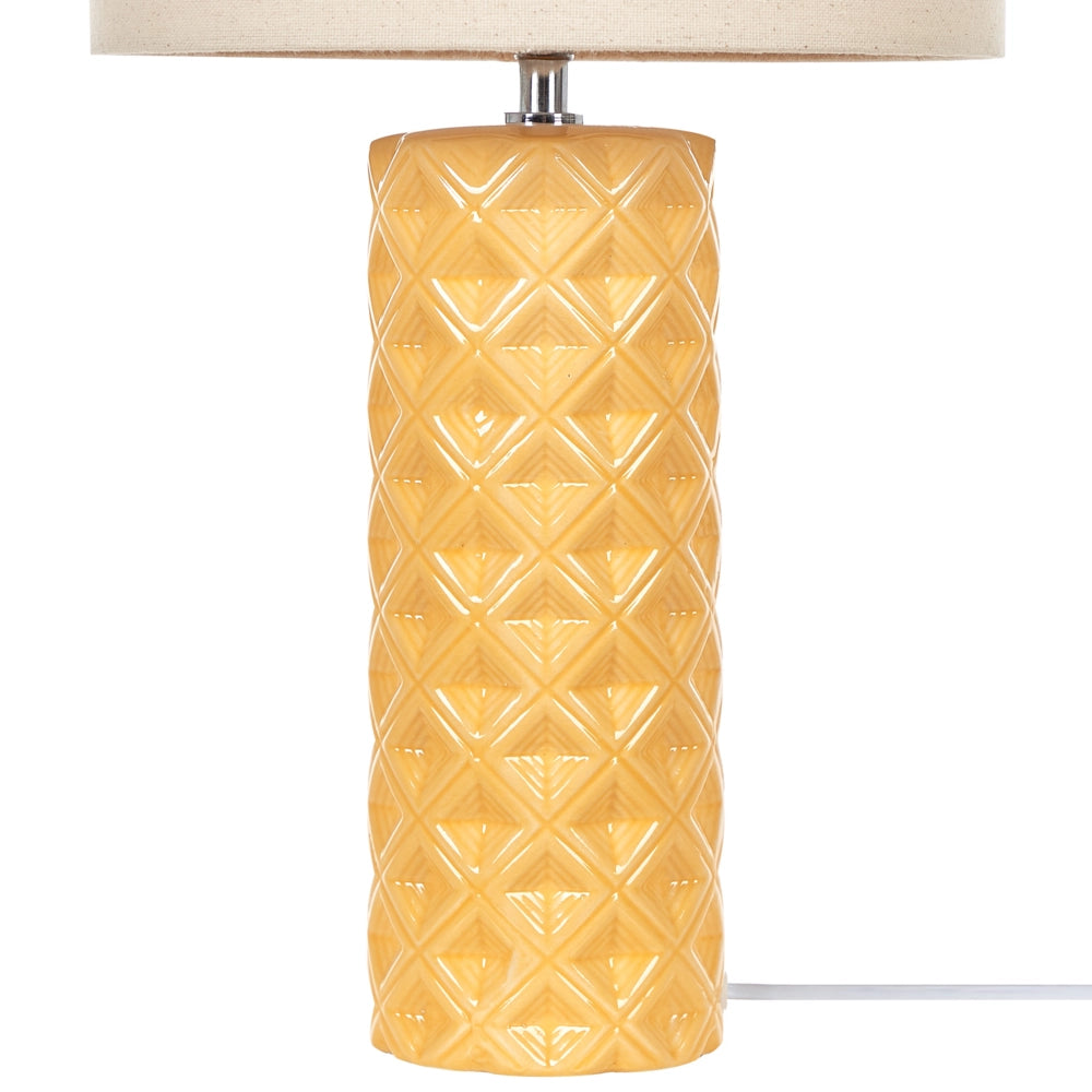 Lampada da Tavolo in Ceramica Gialla 49 cm Motivo Geometrico Beige Paralume Tamburo Comodino Soggiorno Camera da Letto Illuminazione
