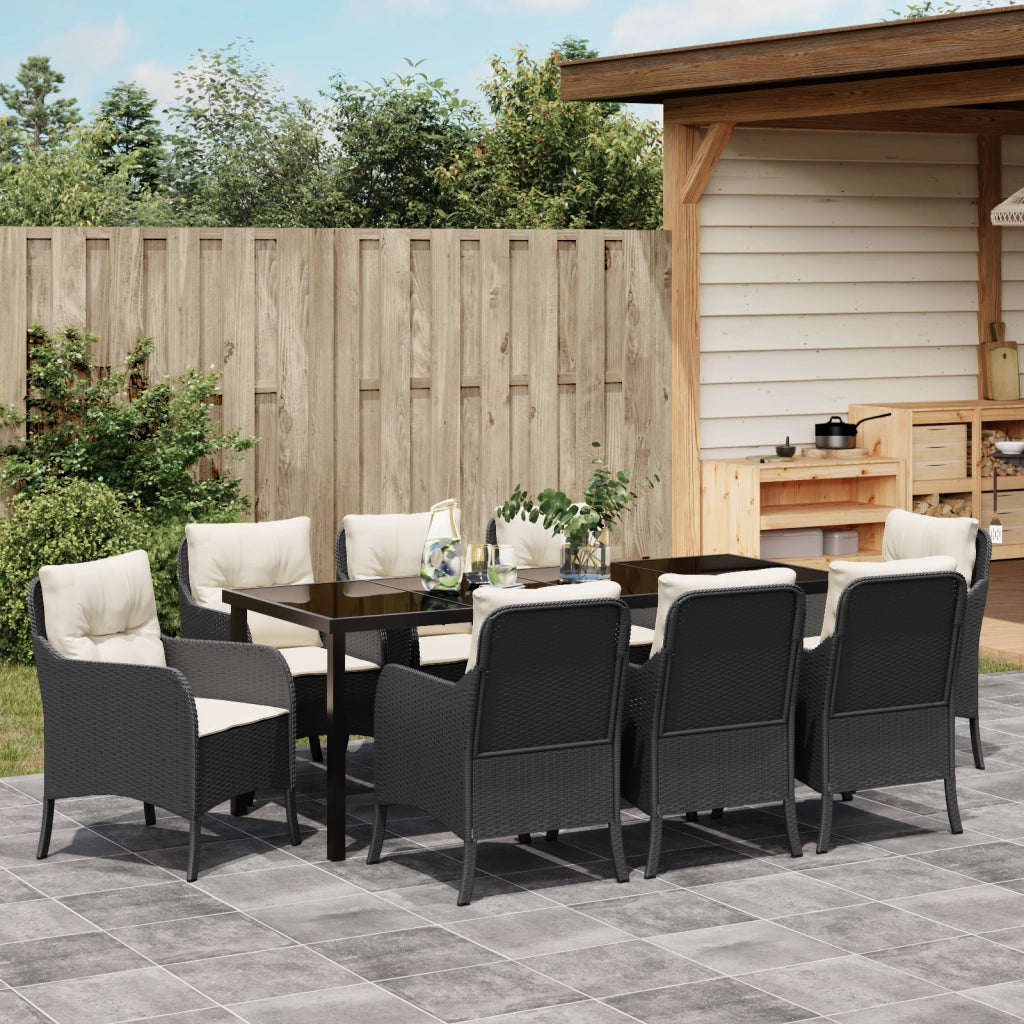 Set da Pranzo da Giardino 9 Pezzi con Cuscini Nero Rattan Polare