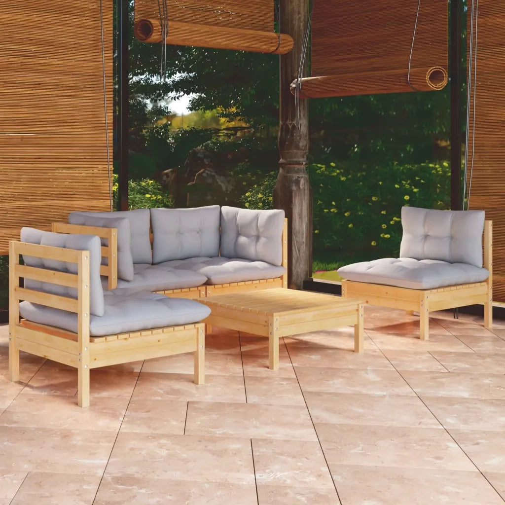 Set Divani da Giardino 5 pz con Cuscini Grigi Massello di Pino 3096177