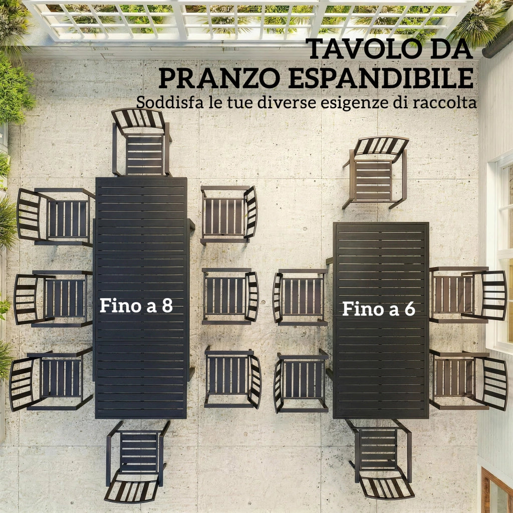 Tavolo da giardino allungabile per 6-8 persone, alluminio con piano a doghe, nero.