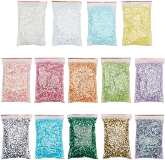 Sette sacchetti di 140g di perle di bingsu croccanti - perle di plastica con effetto glitter 3D - setole iridescenti blu e rosa morbide - tubi in rieto - assortimento di microperle croccanti