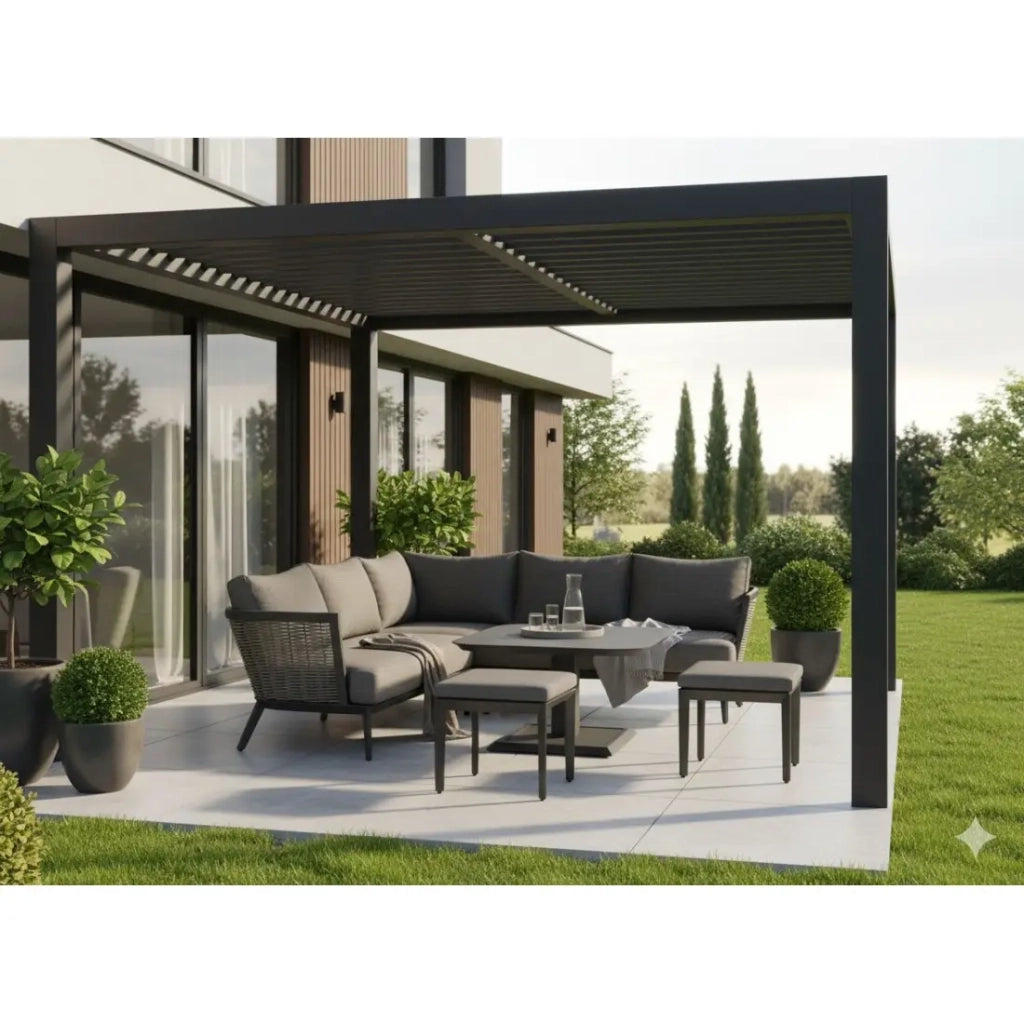 Salotto da giardino VENTARO 7 posti in alluminio grigio con divano ad angolo, tavolo regolabile e pouf