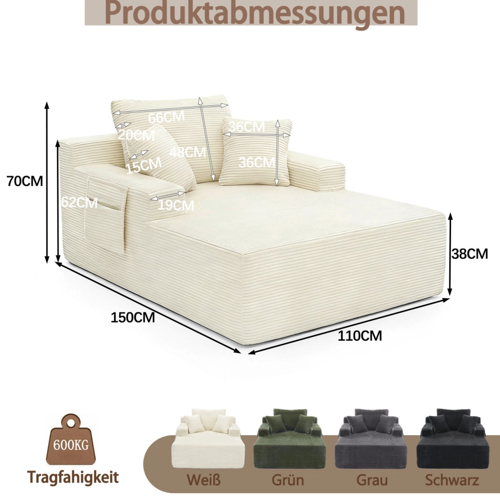Divano ULEVR in velluto a coste beige con tasche laterali, cuscino schienale e 2 cuscini decorativi