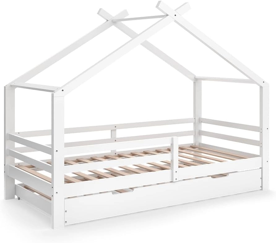 Letto montessori bambini Luni, Bianco, 160 x 80 cm con letto ospite estraibile, come una piccola casa per un'atmosfera calda