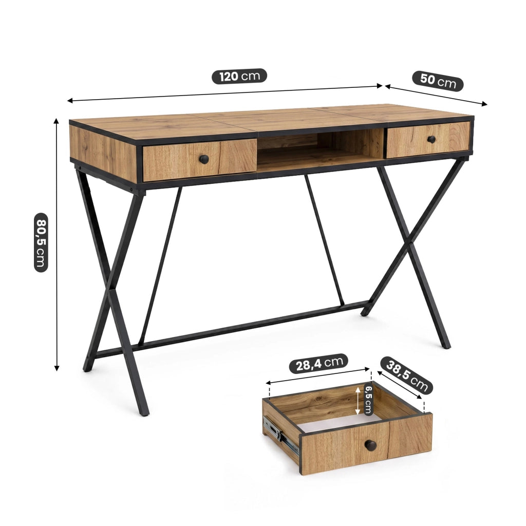 Scrivania PC industriale Rovere Craft CROSSLINE 120 cm 2 cassetti 1 ripiano gambe nere