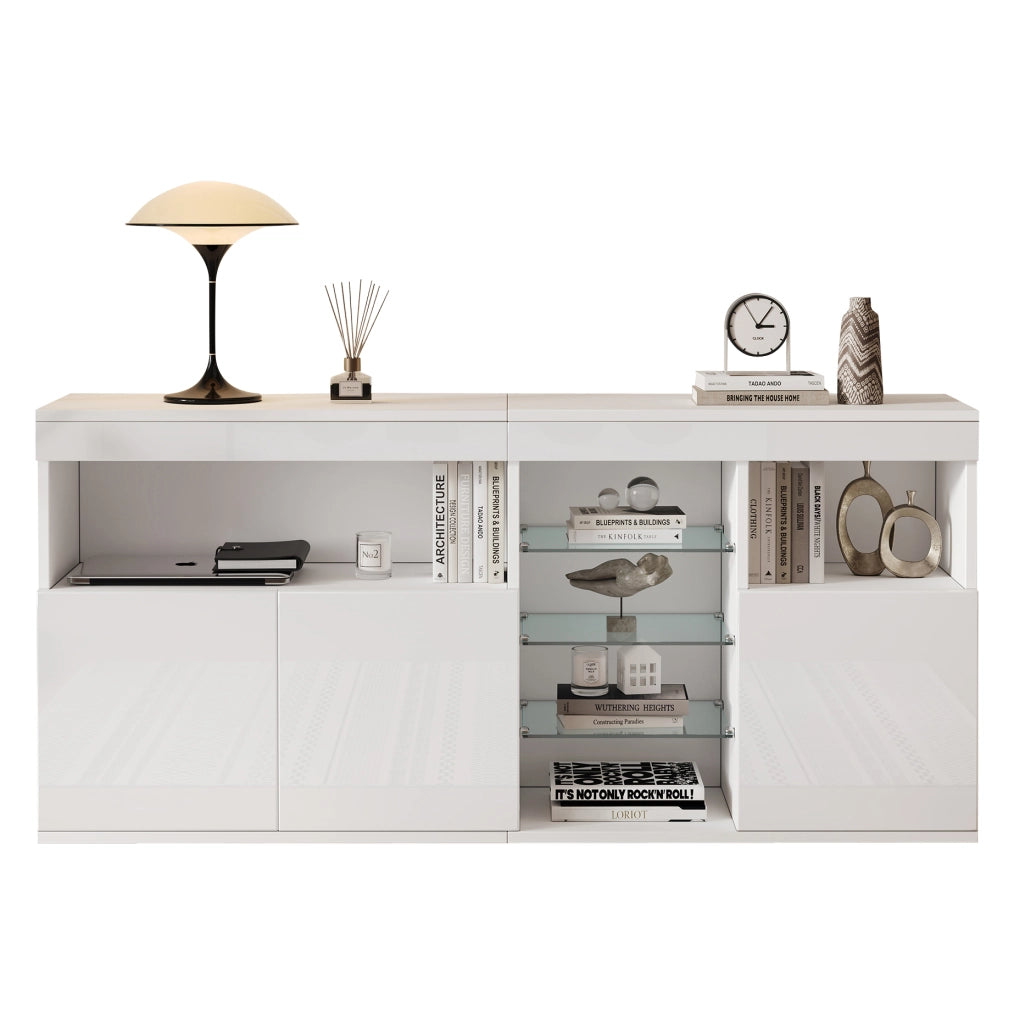 Credenza e madia con LED e 3 ante, 1 vano aperto e ripiani in vetro, per soggiorno, bianco, 155,5 × 35 × 72 cm