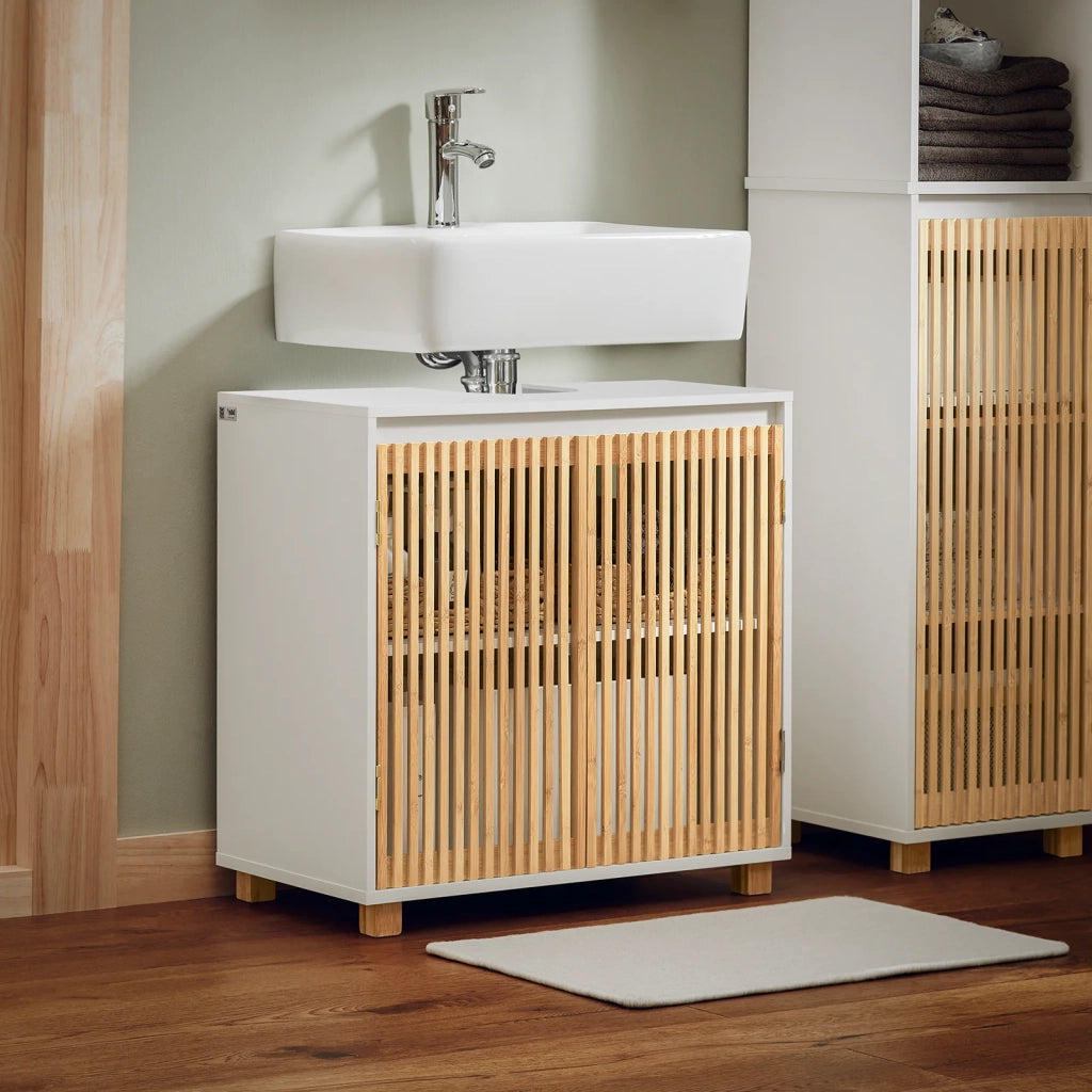 Mobile Sottolavabo Con Due Ante In Bambù Mobile Base Mobiletto Del Bagno Senza Lavandino Bianco-Naturale 60x33x60cm BZR125-W SoBuy