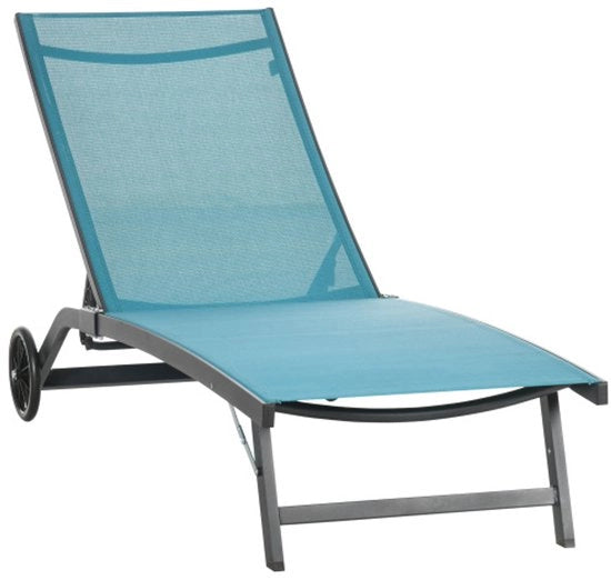 Sedia esterna con ruote, schienale regolabile, materiale in poliester e alluminio, colore blu, dimensioni 195 x 165 x 102 cm, per un comfort all'aperto
