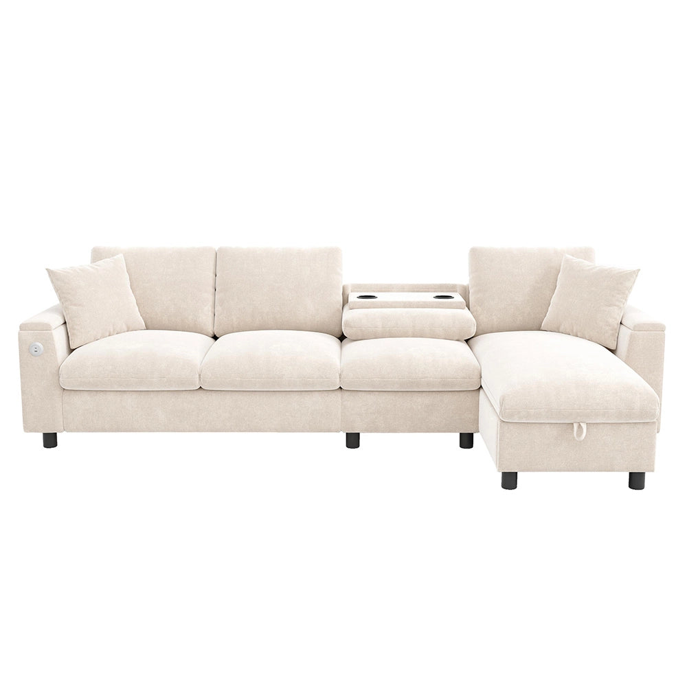 Divano angolare in L - Xylo - Chenille, USB-C, tavolo ribaltabile, beige