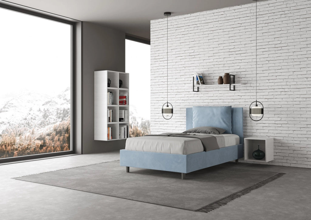 BS COM Letto una piazza e mezza con rete imbottito 110x210 microfibra azzurro