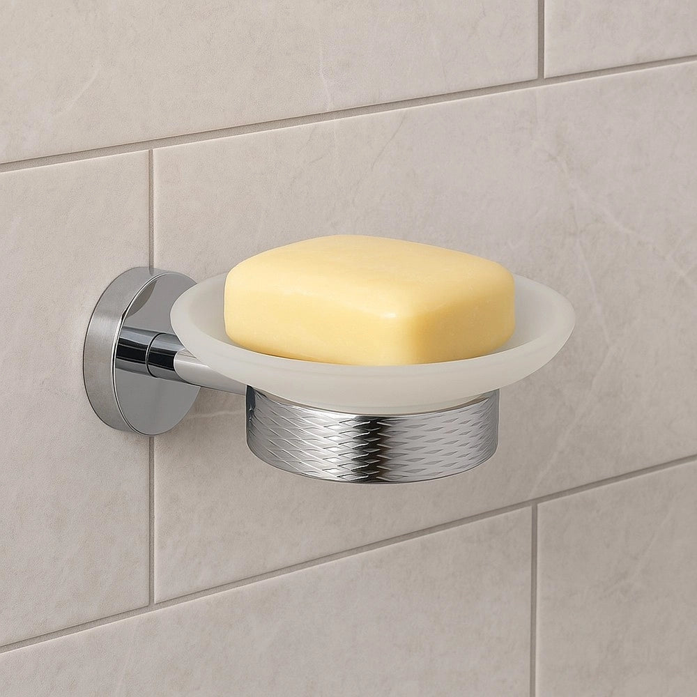 Trade Shop - Porta Sapone In Acciaio Lucido Con Piattino Vetro Satinato Accessori Da Bagno 87916 -
